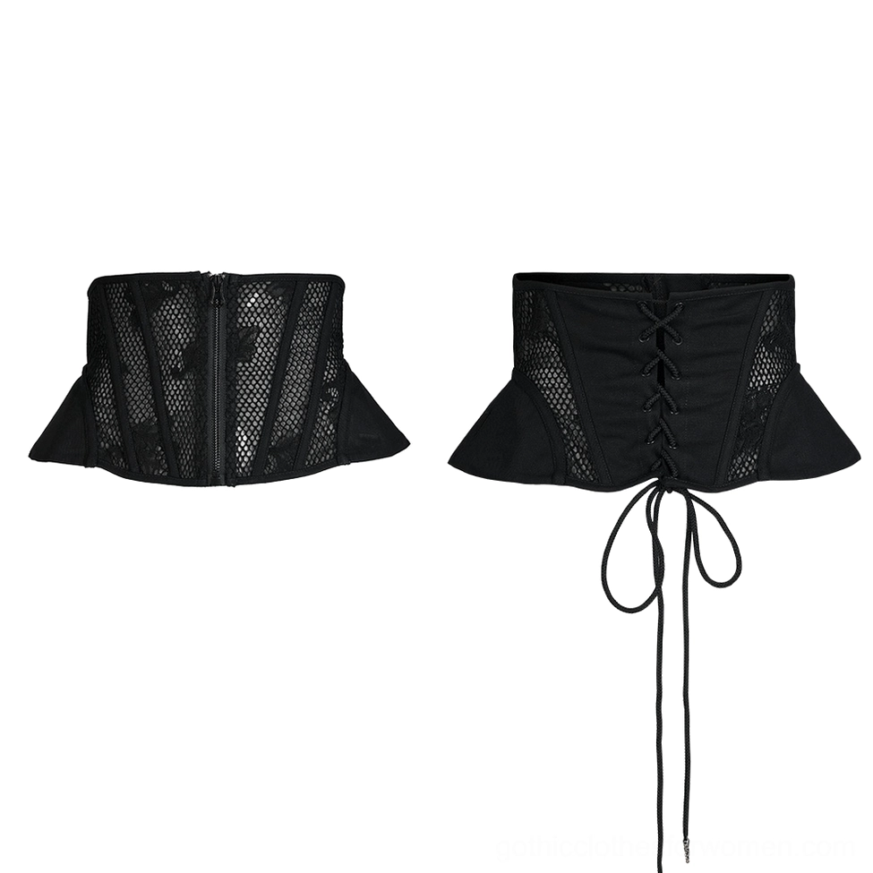 Flat lay comparison of two black gothic cincher corsets showing front zipper version and lace-up back version on white background