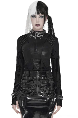 Black gothic circuit mesh zip-up top with skeleton print, worn by model with split-tone braided hair, paired with black leather skirt and spiked choker - front full body view