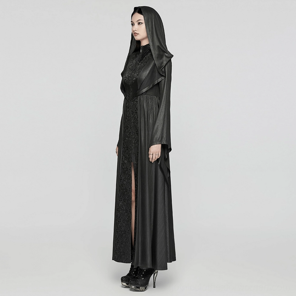 Black gothic hooded cloak coat on mannequin showing front split design and layered dramatic silhouette