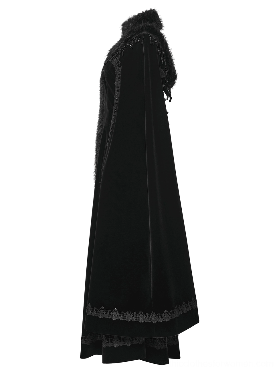 Side view of black velvet gothic cloak coat showing cape-style sleeves and draped silhouette