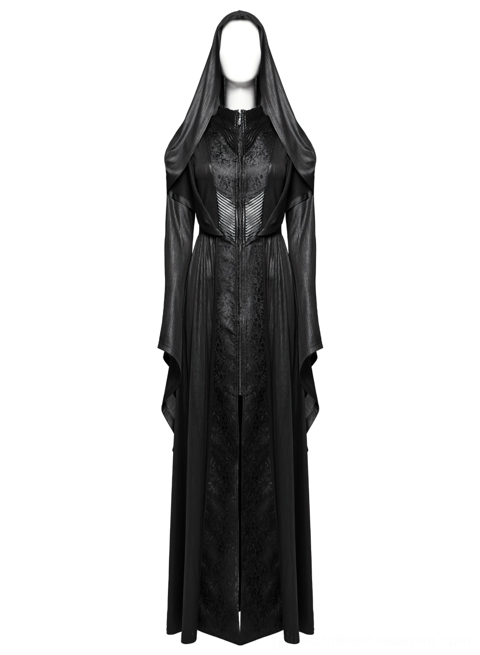 Black gothic hooded cloak coat full length front view on mannequin showing tailored waist and front zip closure
