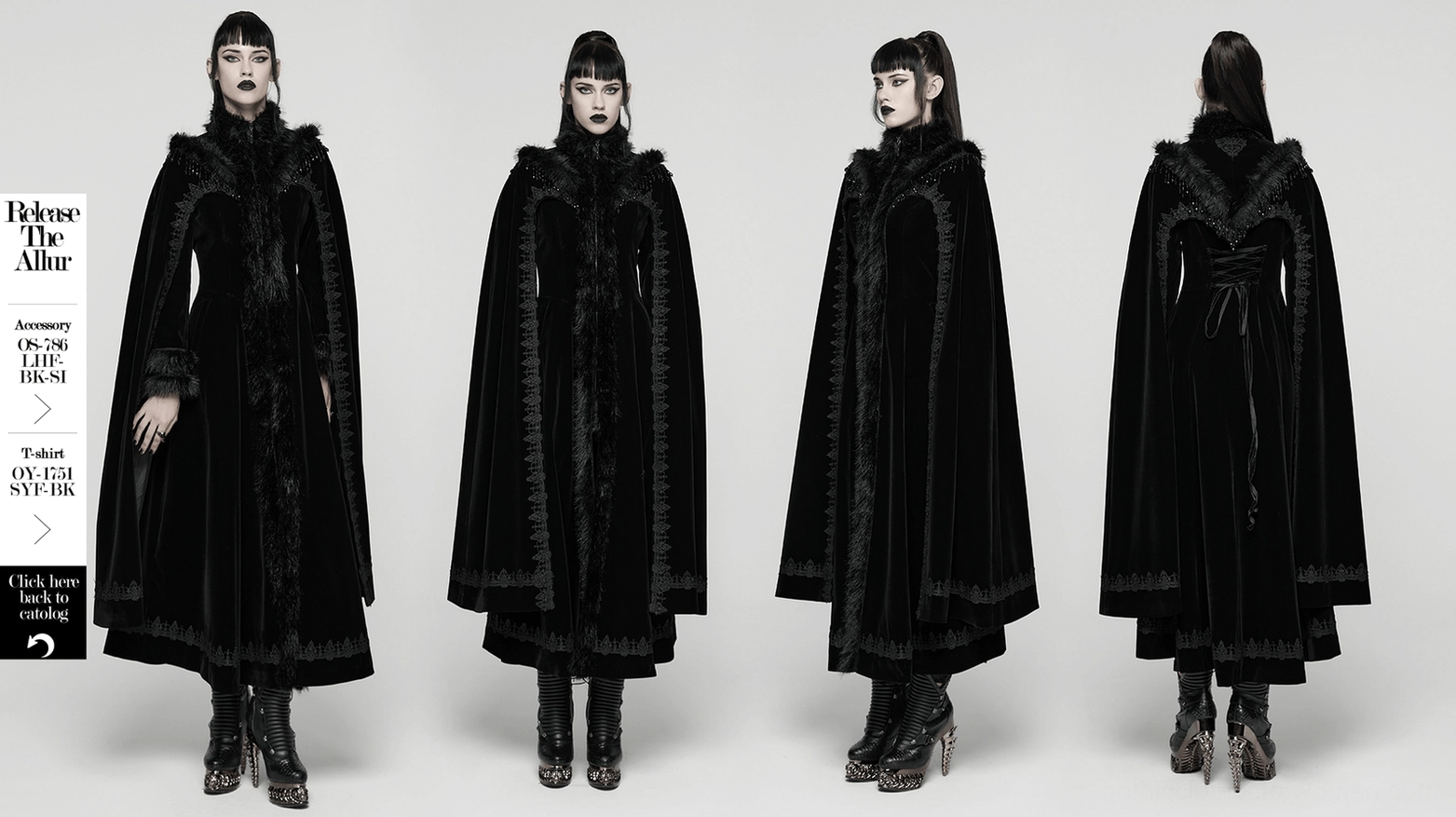Black velvet gothic cloak coat front detail with zipper fastener and lace appliqués