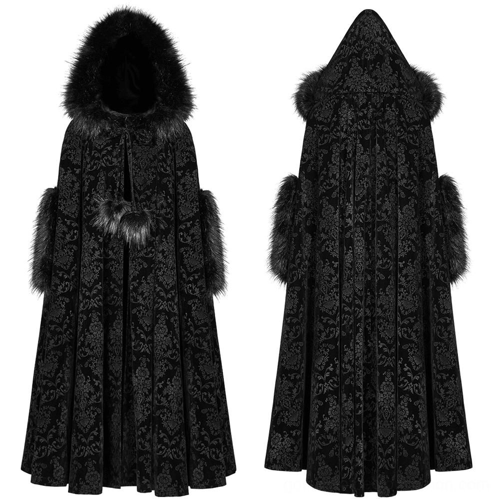 Black Gothic cloak front and back flat lay display showing embossed floral damask pattern and faux fur accents