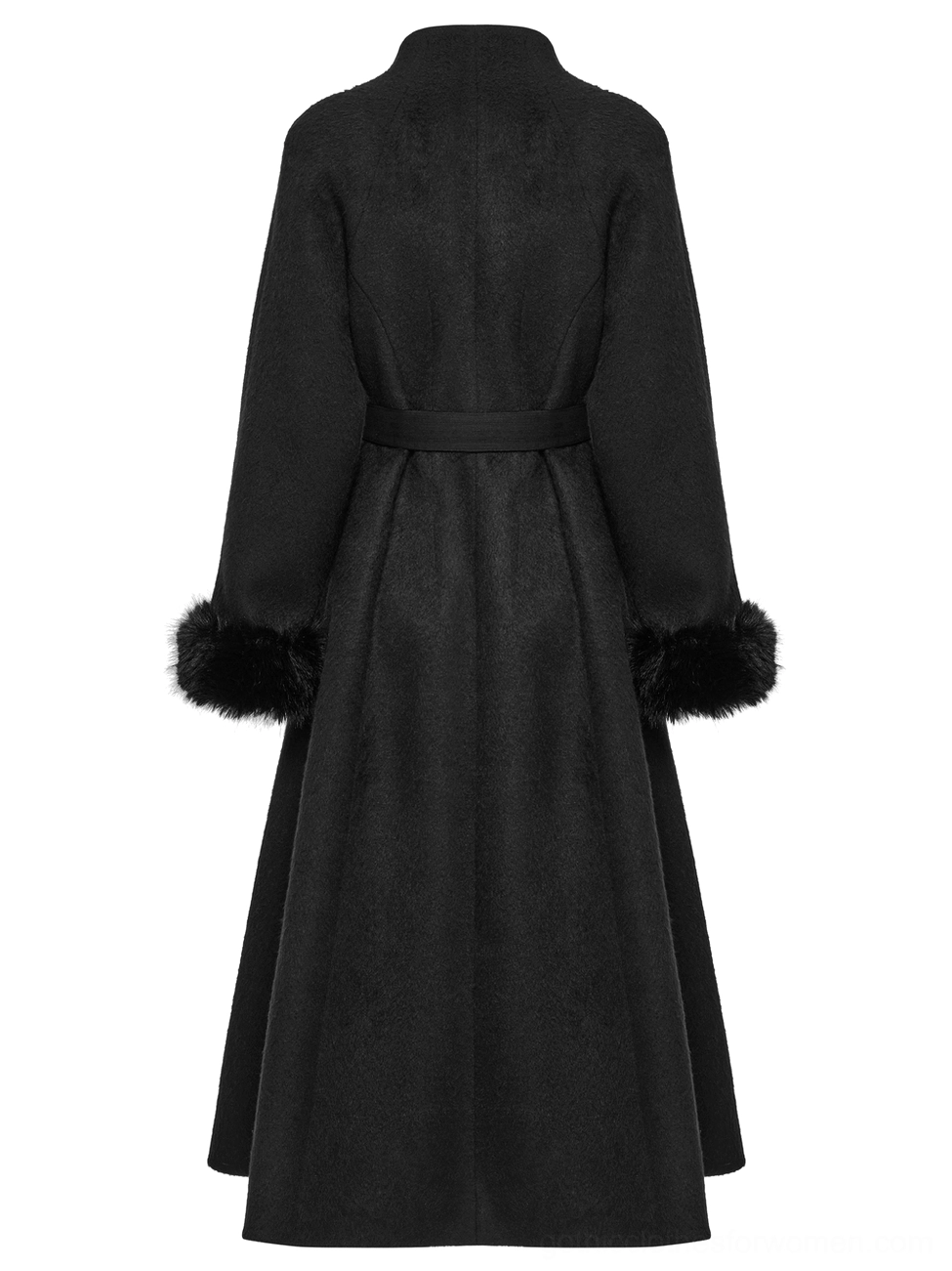 Back full-length view of black gothic coat showing A-line hem drape, fur cuffs, and aristocratic silhouette