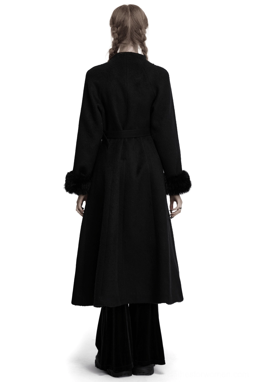Back view of black gothic coat featuring A-line flowing hem, detachable fur cuffs, and intricate embroidered details
