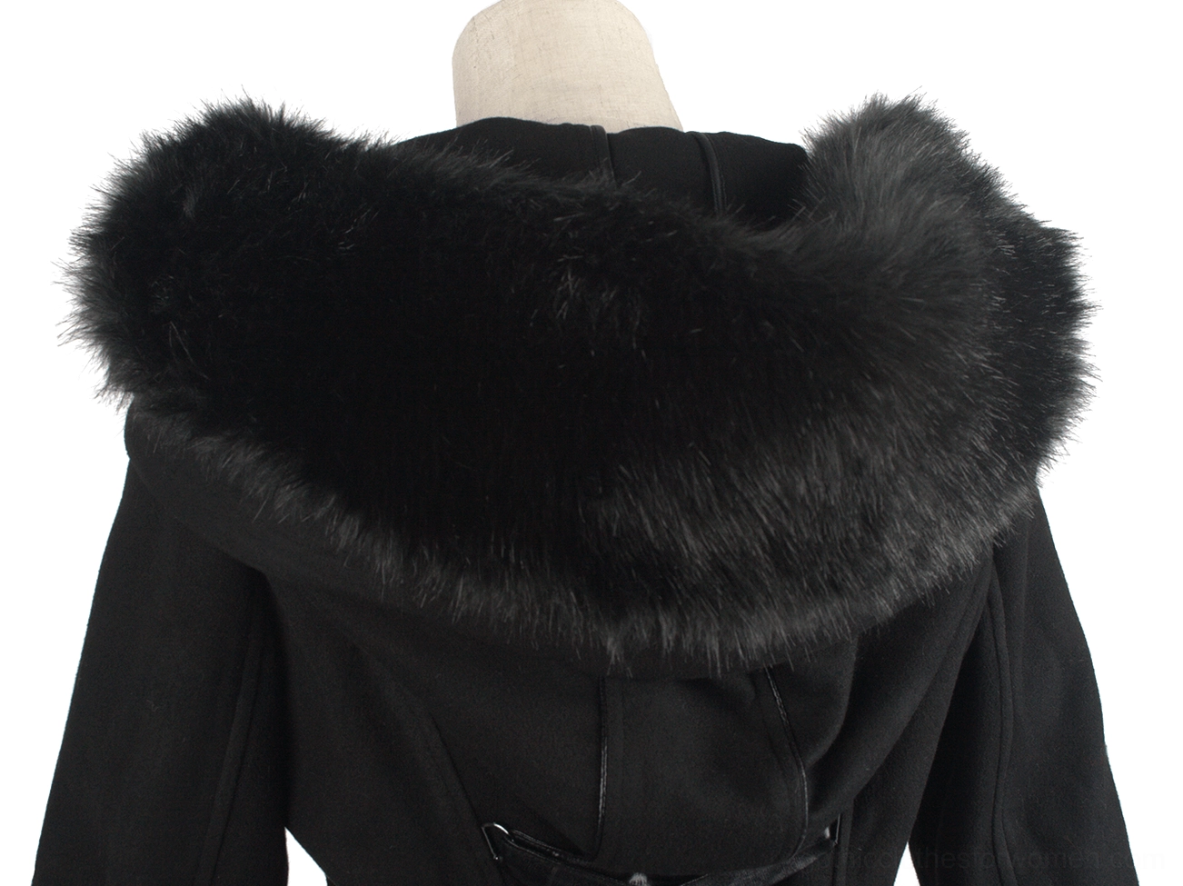 Gothic black hooded coat mannequin display showing complete silhouette and proportions
