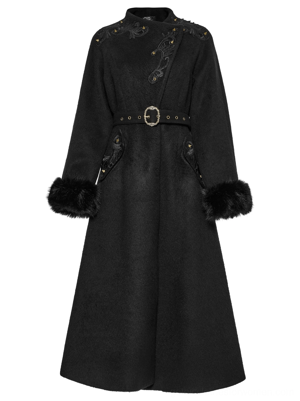Front view of black gothic coat displaying embroidered shoulder details, studded embellishments, and detachable fur cuffs