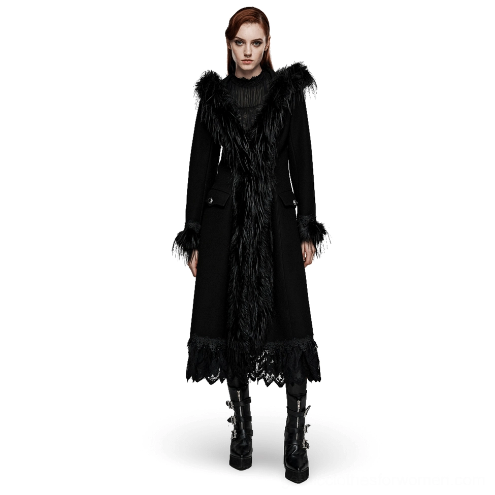 Black faux cashmere gothic coat with scalloped lace hem and faux fur trim - front view on model