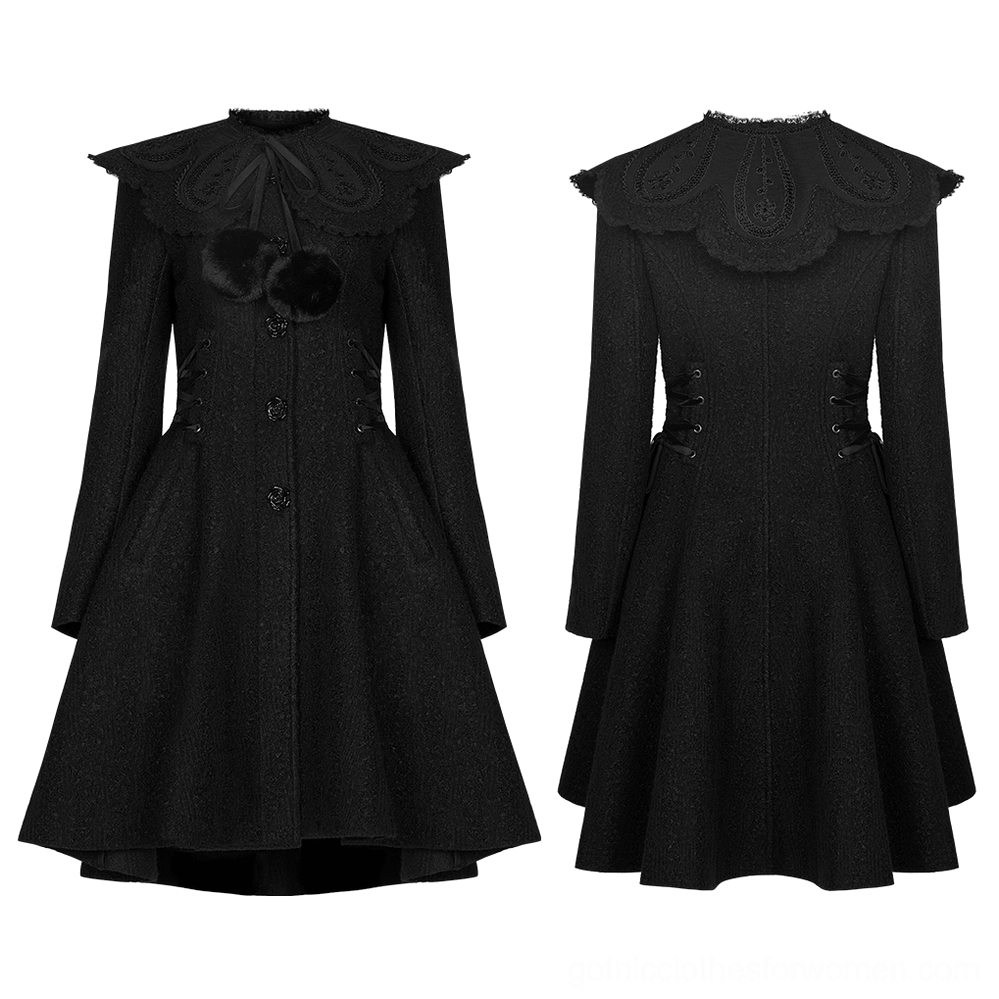Victorian gothic coat front and back flat lay displaying lace collar and pom-pom details