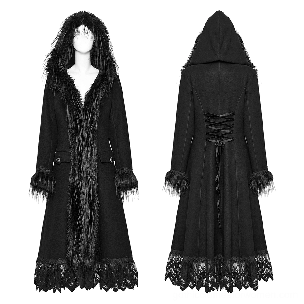 Black gothic faux cashmere coat with dramatic lace hem and back corset lacing - front and rear combined view