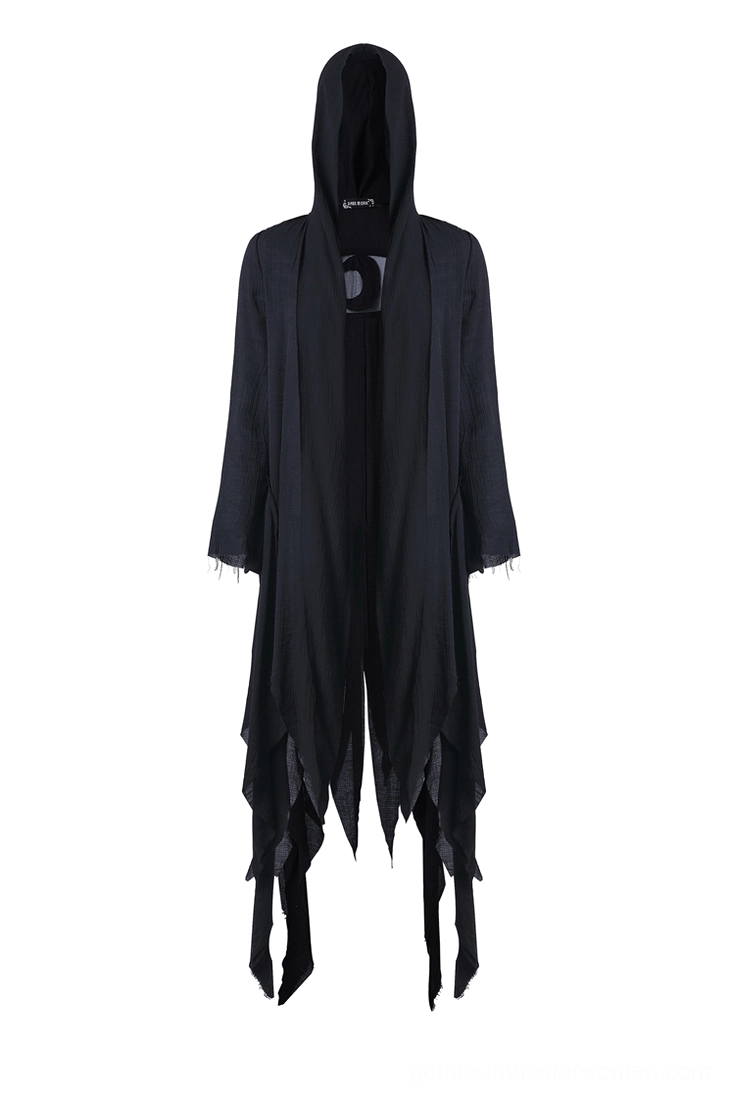 Front flat lay of black gothic trench coat with open front design and asymmetrical shredded hem