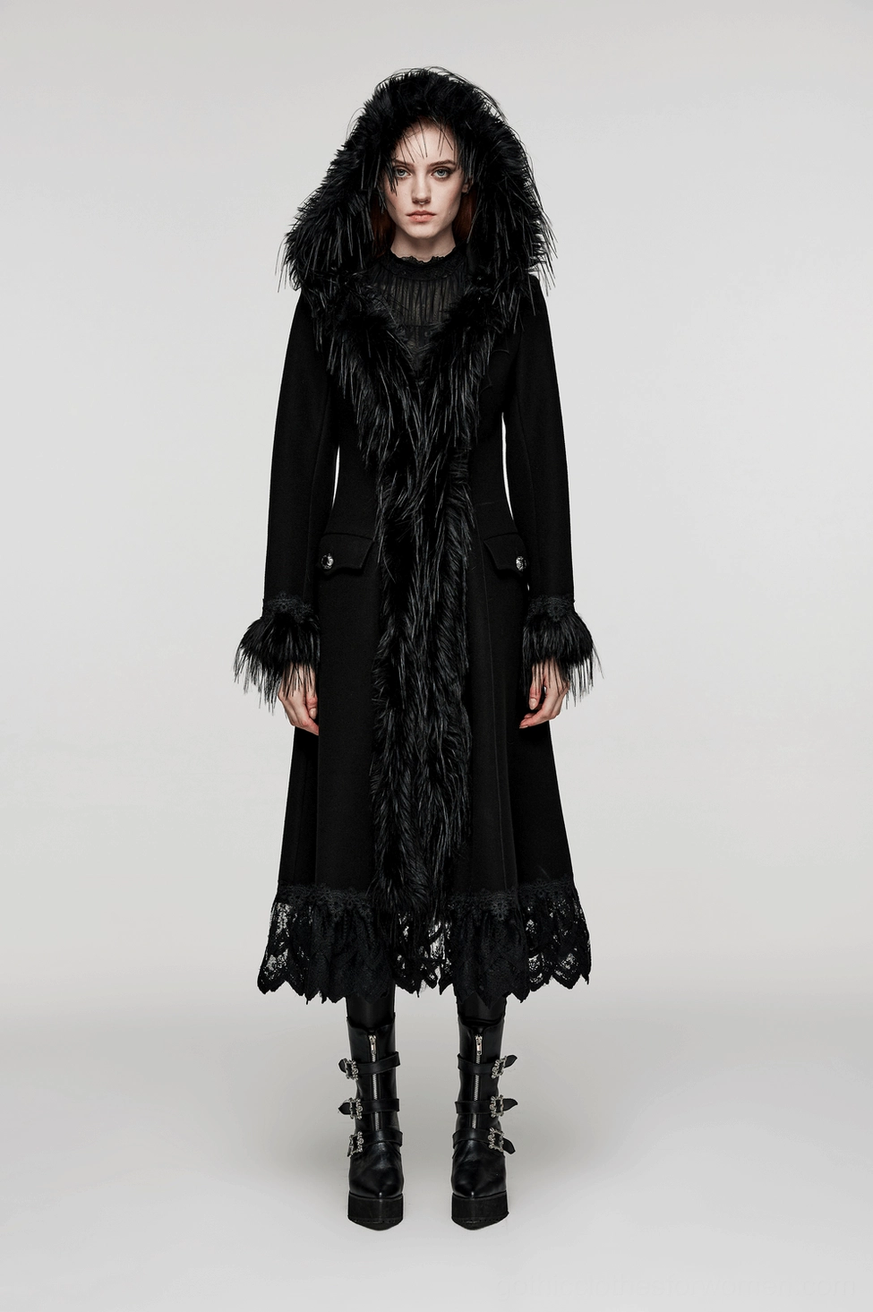 Full-length black gothic coat with faux fur placket trim and lace hem - studio display