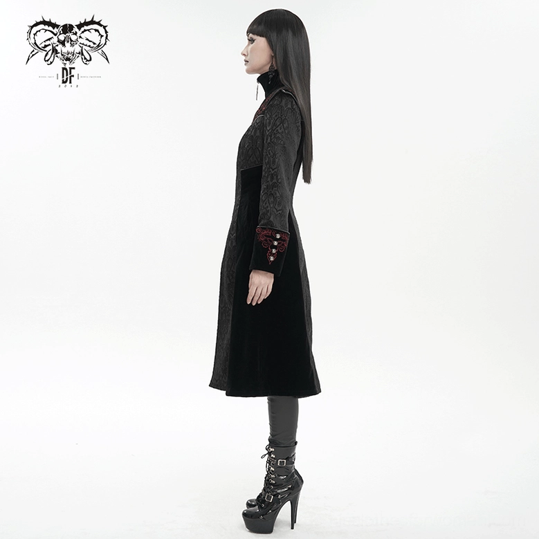 Black gothic floral coat hem and split detail view, demonstrating fitted waist transitions and split hem opening