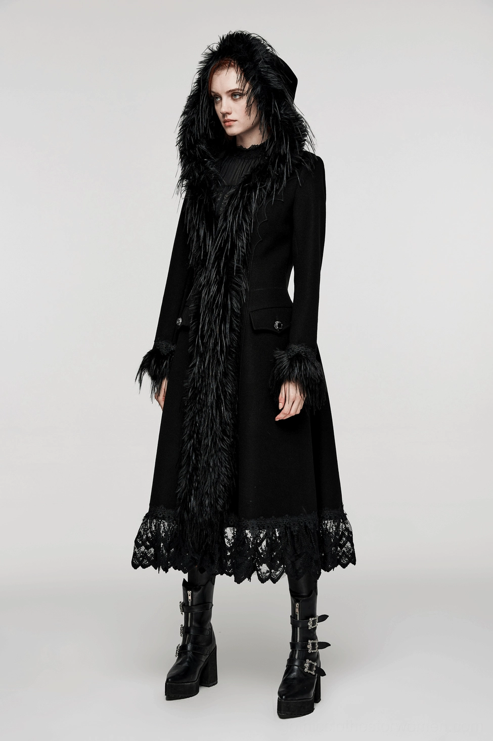 Gothic faux cashmere coat showing lace-trimmed hem and structured silhouette