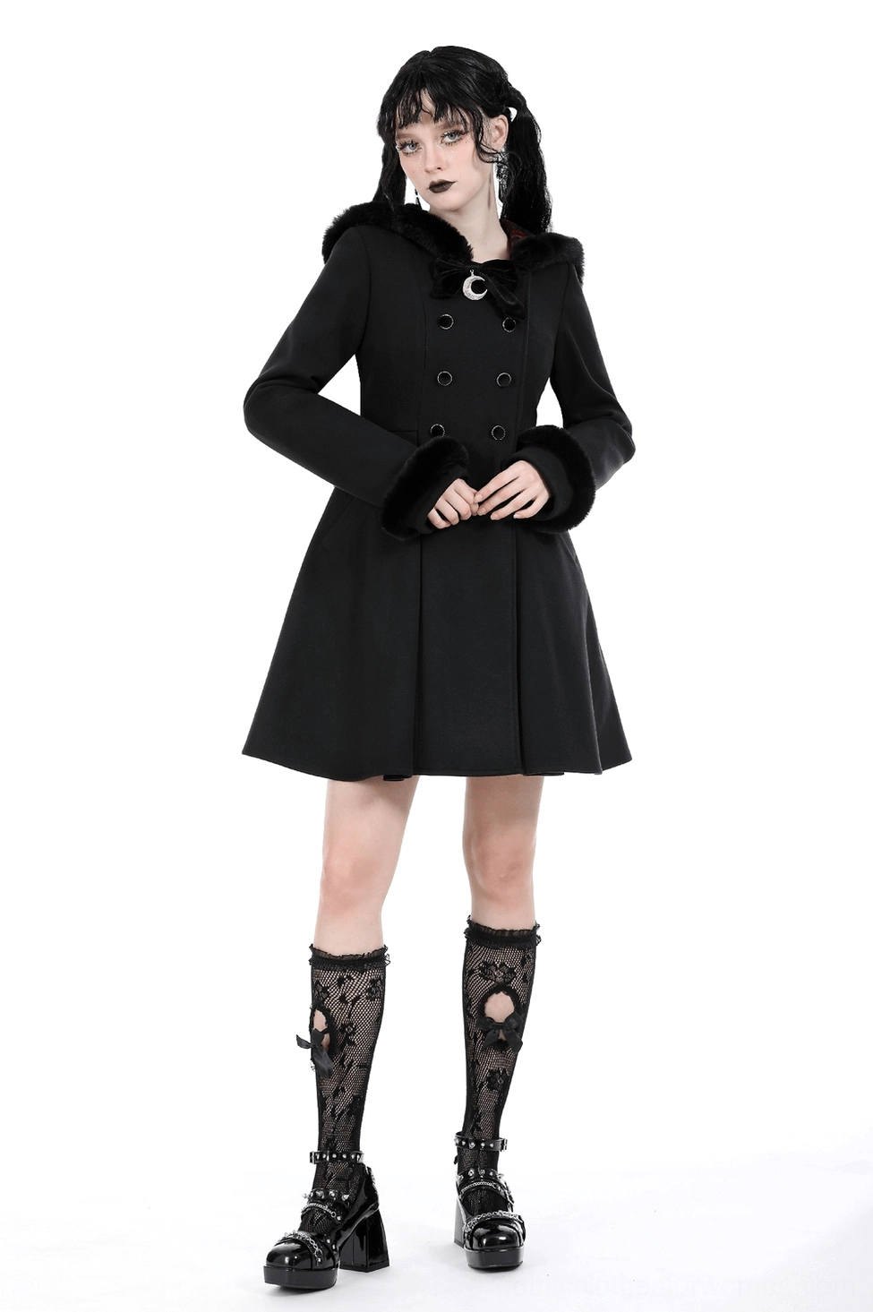 Black cat ear gothic coat crimson velvet lining luxury alternative outerwear