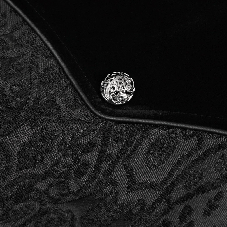 Black gothic coat material composition detail, displaying polyester-cotton-spandex blend and embroidered panel construction