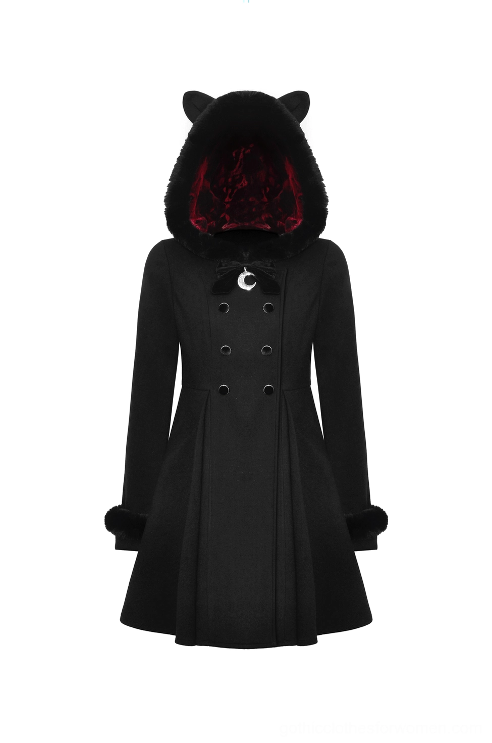 Black gothic coat with crimson velvet hood lining and crescent moon brooch detail