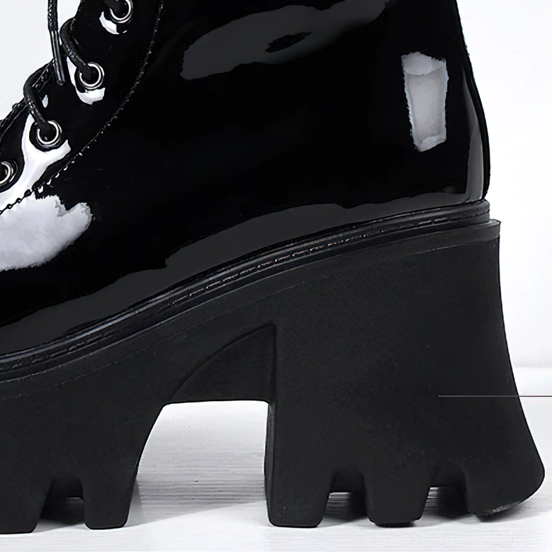 Black Patent Leather Gothic Combat Platform Boots - Product Detail Shot Featuring Chunky Block Heel