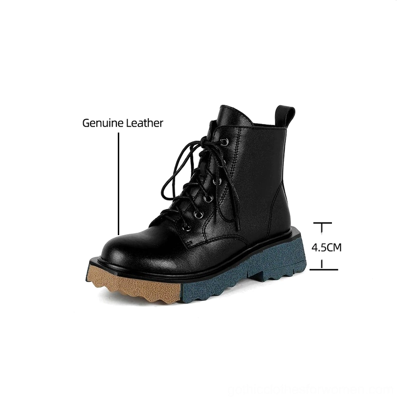 Women's black leather gothic combat boots with platform heel, microfiber and genuine leather materials, studio product photography
