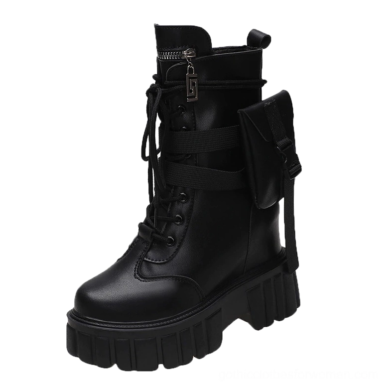 Black lace-up platform combat boots with side pocket and zipper, front three-quarter view on white background