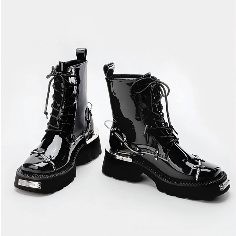 Side profile view of black patent leather gothic combat boots with metal heel plate and high-shine finish