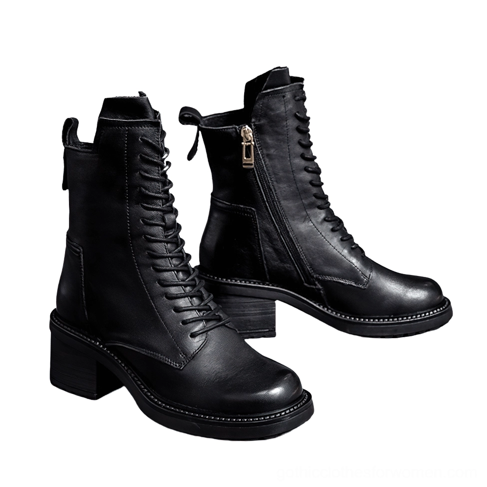 Black gothic combat boots with side zipper and square block heel, side rear view on white background