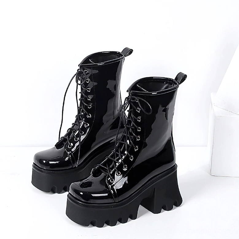 Black Patent Leather Gothic Combat Ankle Boots - Paired Display with Chunky Lug Sole and Lace-Up