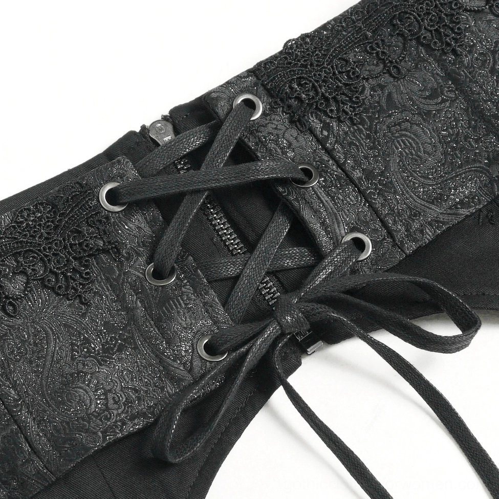 Black gothic corset belt demonstrating lace-up back closure system and adjustable fit mechanism