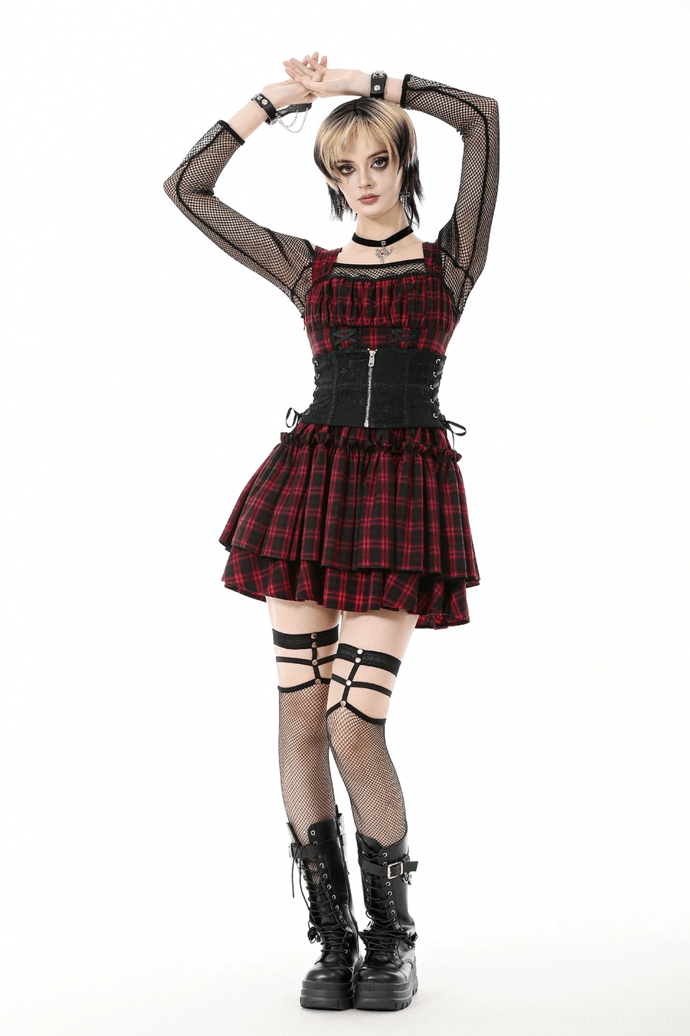 Black gothic lace-up waist corset belt worn with alternative outfit styling