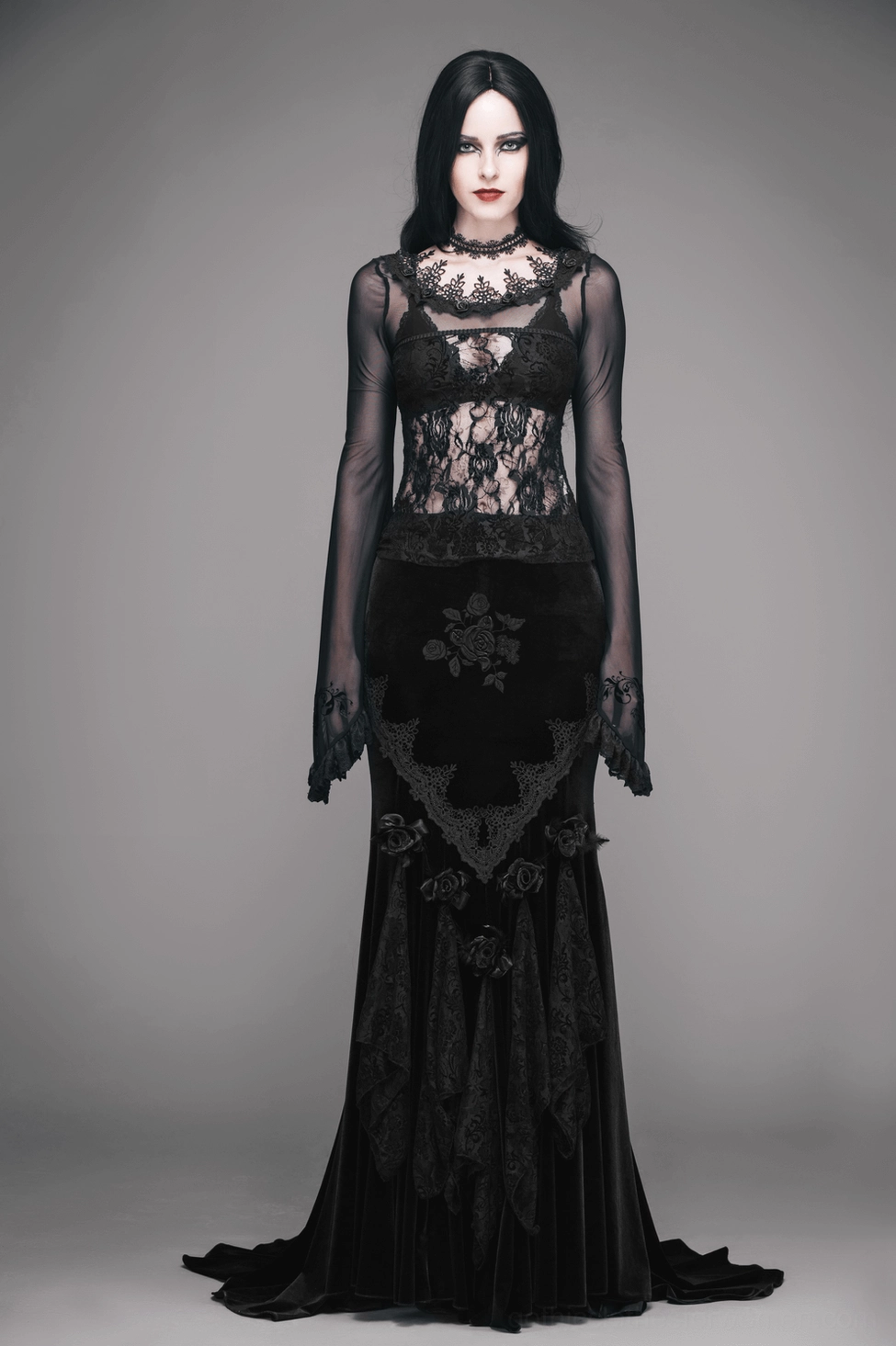 Black sheer gothic corset alternative styling view, model wearing feather-trimmed lace-up corset