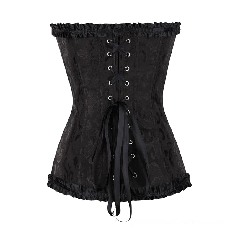 Black gothic corset back flat lay lace-up eyelet floral jacquard
