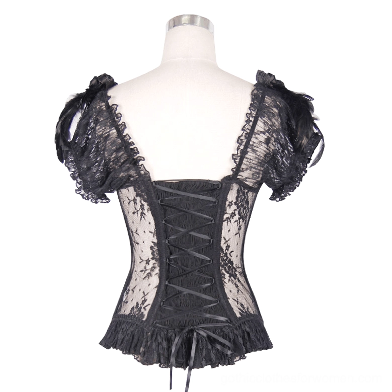 Black gothic sheer corset back view on dress form, ribbon lace-up closure and transparent floral lace construction