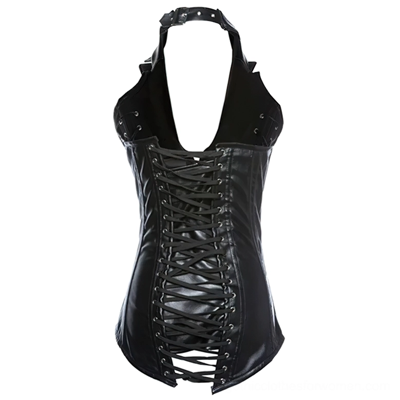 Black steel-boned halter corset flat lay back view displaying halter neck strap and back lace-up closure