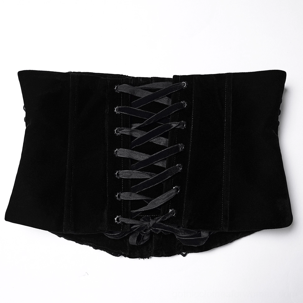 Black gothic corset back view flat lay displaying wide ribbon lace-up closure and solid black velvet material texture