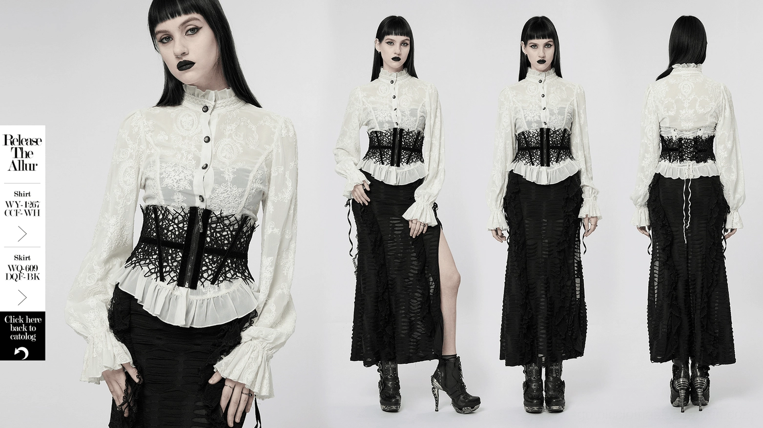 Black gothic corset belt full body shot on model wearing alternative fashion outfit with band tee and leather
