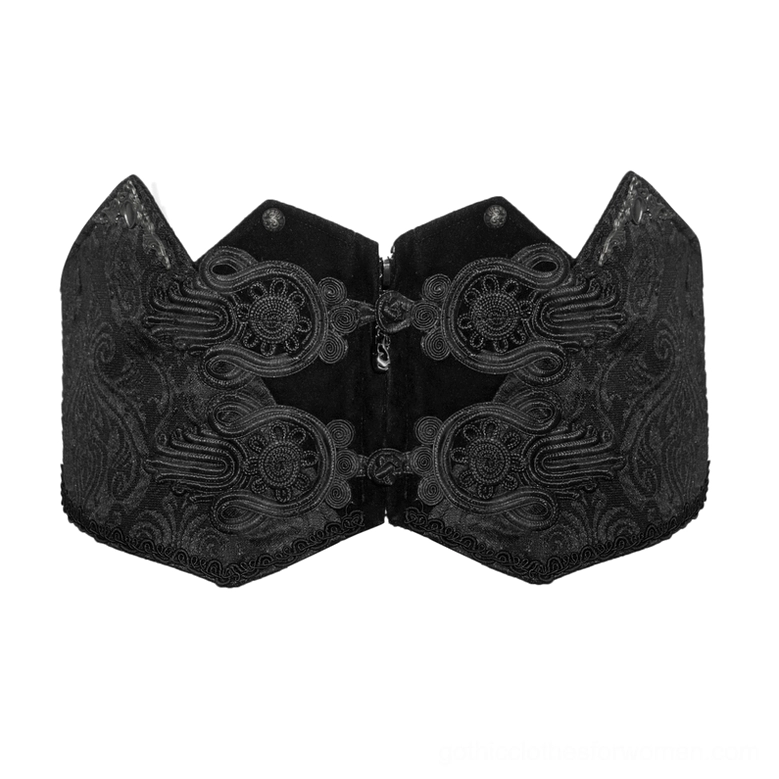 Black gothic corset belt flat lay showing brocade paisley pattern and ornate carved buckles