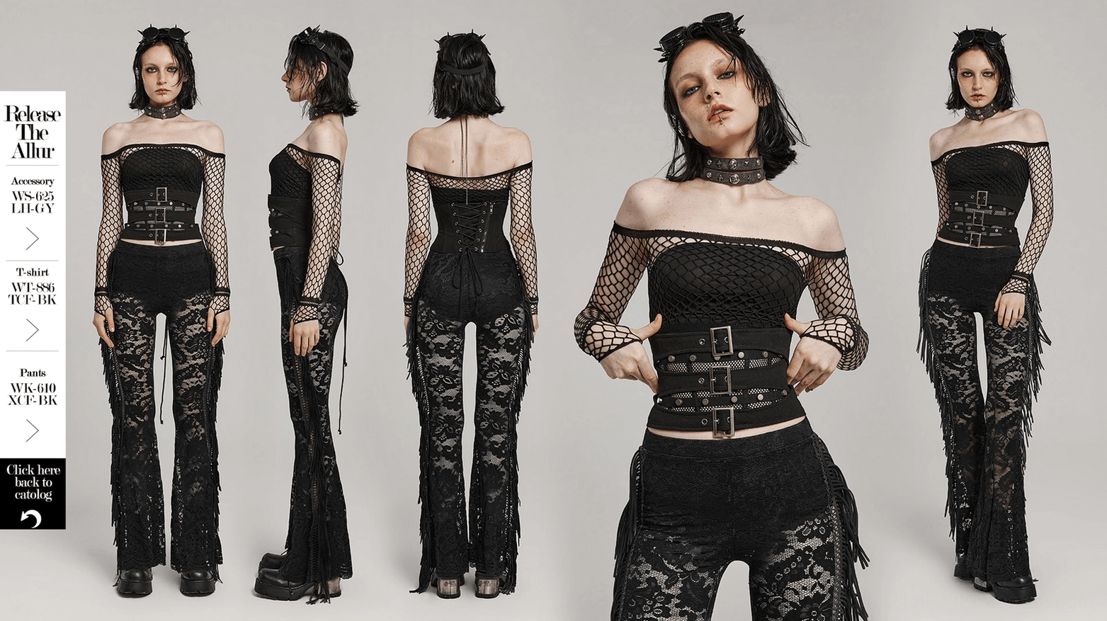 Black gothic corset belt product image showing complete design from multiple elements: woven fabric, metal buckles, fishnet mesh, and closure systems