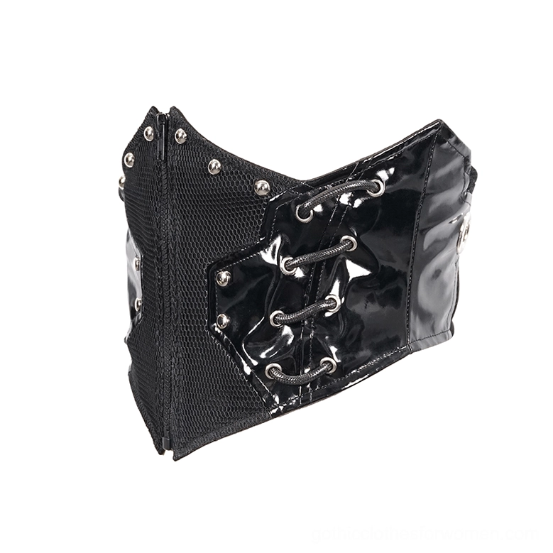 Flat lay of black faux leather gothic corset belt with mesh base and patent leather panels, front view