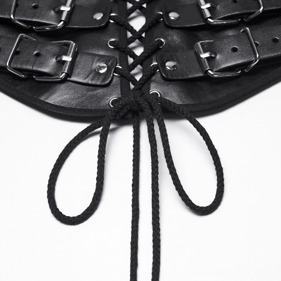 Black gothic corset belt with metal buckles and lace-up design full product display