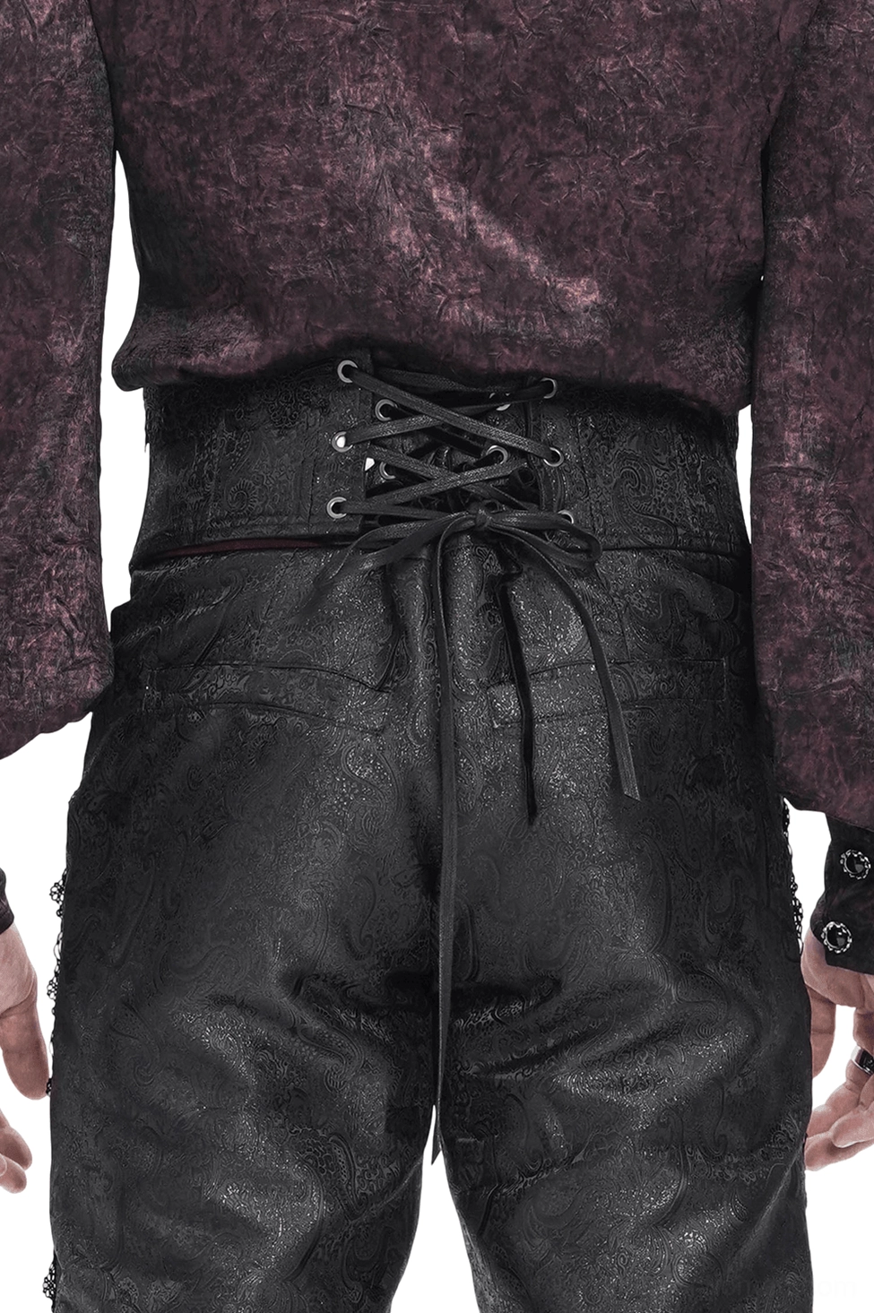 Back lace-up closure of black gothic corset belt with embossed brocade fabric and lace trim edges