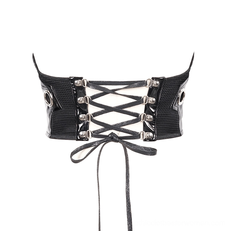 Crisscross lace-up black gothic corset belt with mesh fabric and metal eyelet fasteners, front flat lay