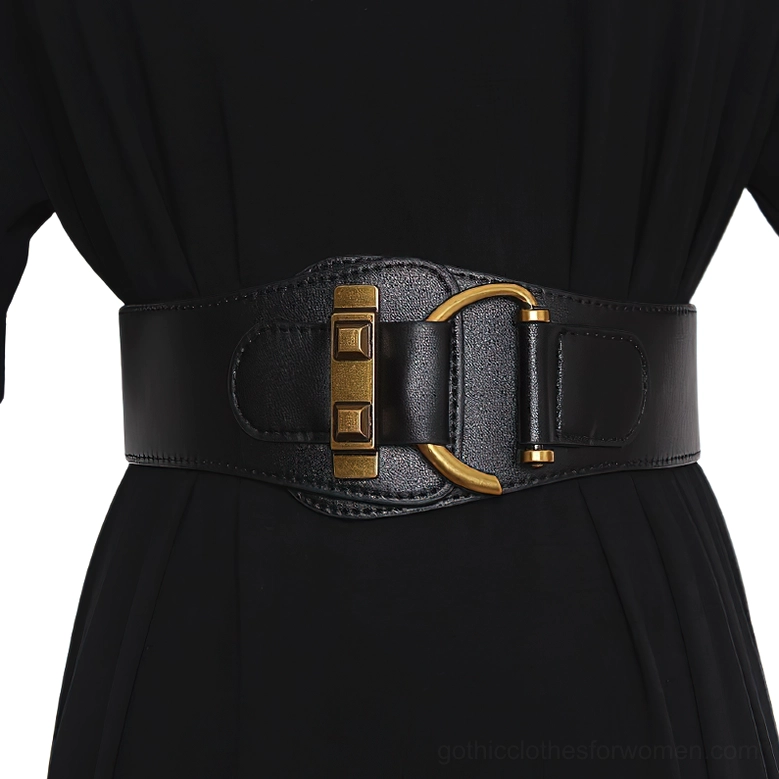 Black gothic corset-inspired wide leather belt with antique gold D-ring buckle worn on female model
