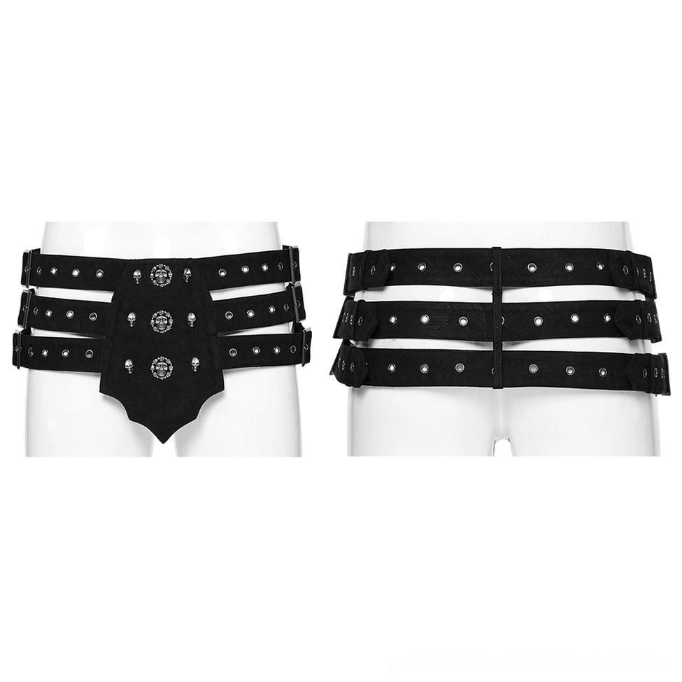 Black triple-row gothic corset belt displayed on two mannequins showing style variations and fit