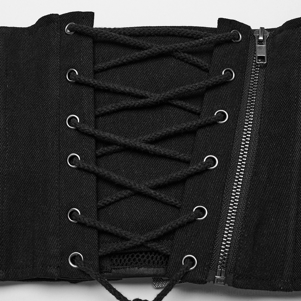 Black gothic corset belt styled product showcase, front angle displaying buckle hardware, mesh layering, and woven fabric construction
