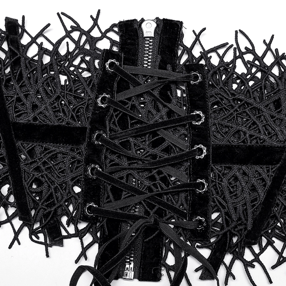 Gothic black corset belt styled on model showing how vine lace pattern drapes and structure defines silhouette