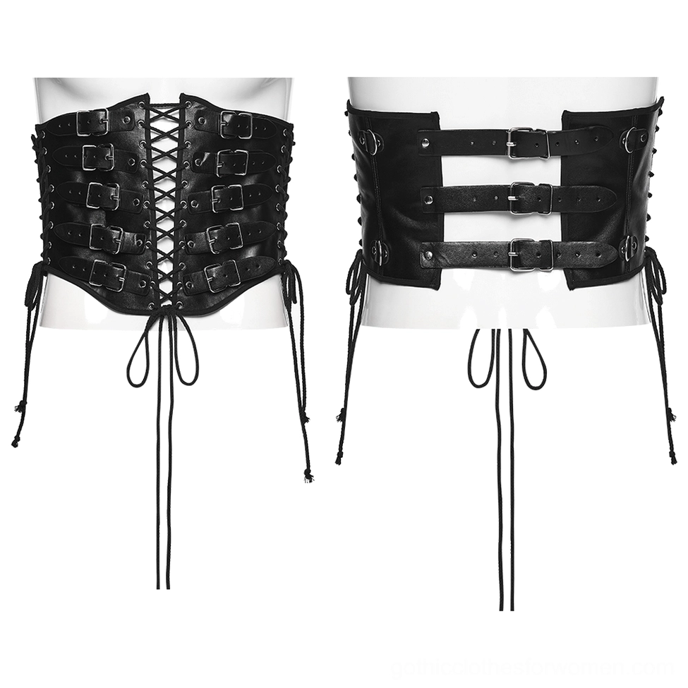 Two styles of black gothic corset belts displayed on mannequins front view comparison