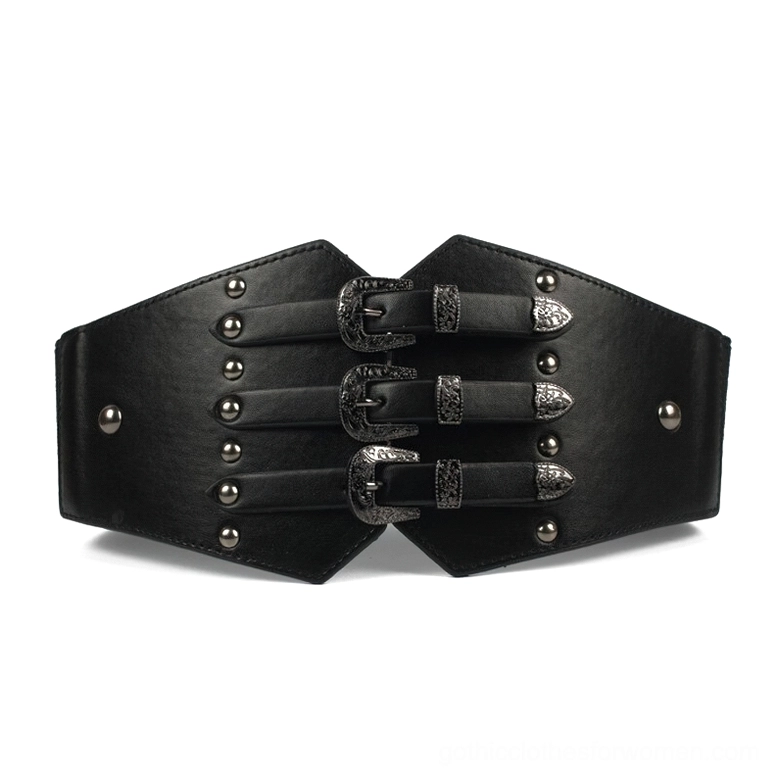 Black Gothic Corset Wide Waist Belt with Triple Retro Metal Buckles - Front Flat Lay View