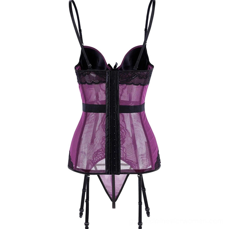 Black gothic corset with decorative bow and lace details on sheer transparent fabric