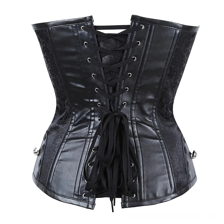 Back view of black gothic corset bustier showing lace-up back closure with metal side buttons and jacquard fabric