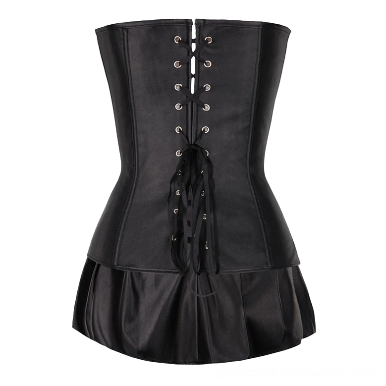 Black gothic corset bustier dress showcasing sleek faux leather material and structured silhouette detail